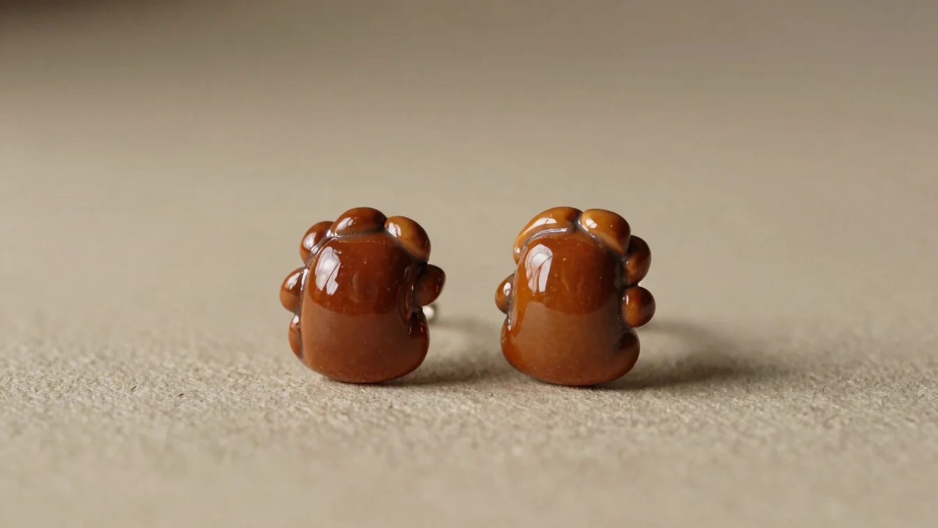 Close studio crop of a pair of sculpted artificial earrings resting on a warm neutral surface, soft directional light, c