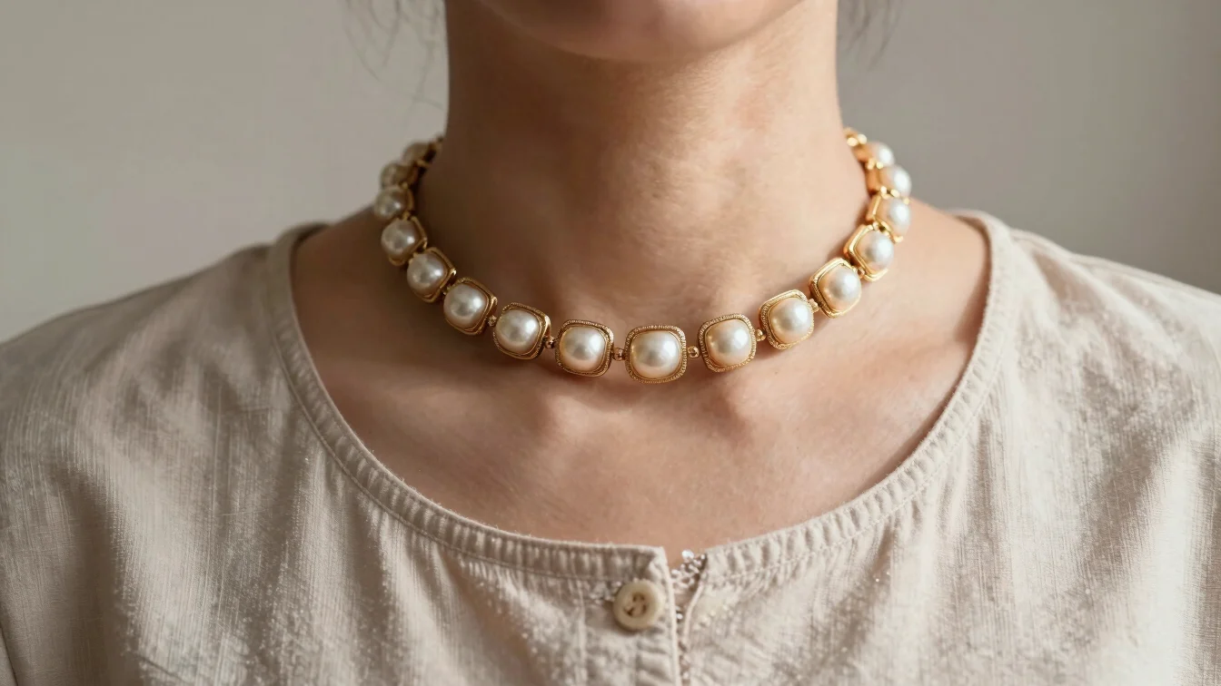 Worn view of an artificial neckpiece on a person in ordinary contemporary clothing, bright Karachi daylight, uncluttered