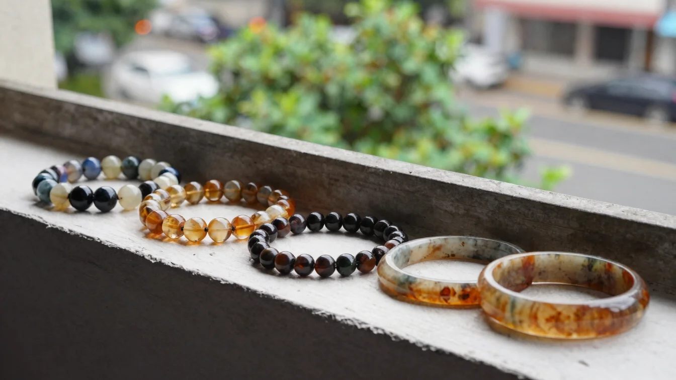 Still-life arrangement of artificial bracelets and bangles on a balcony ledge with street-side greenery, soft daylight,
