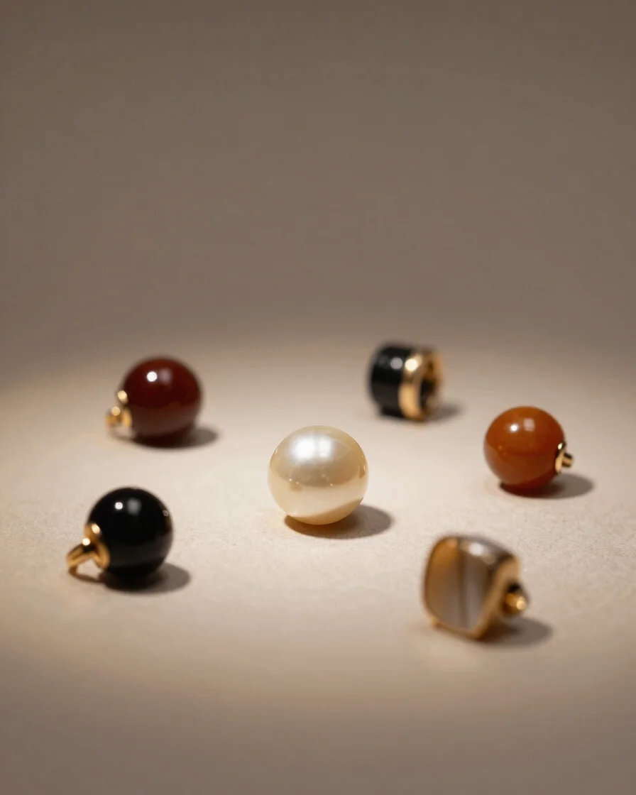 Editorial studio still life of a few artificial jewelry pieces on a warm neutral surface, soft directional light, crisp