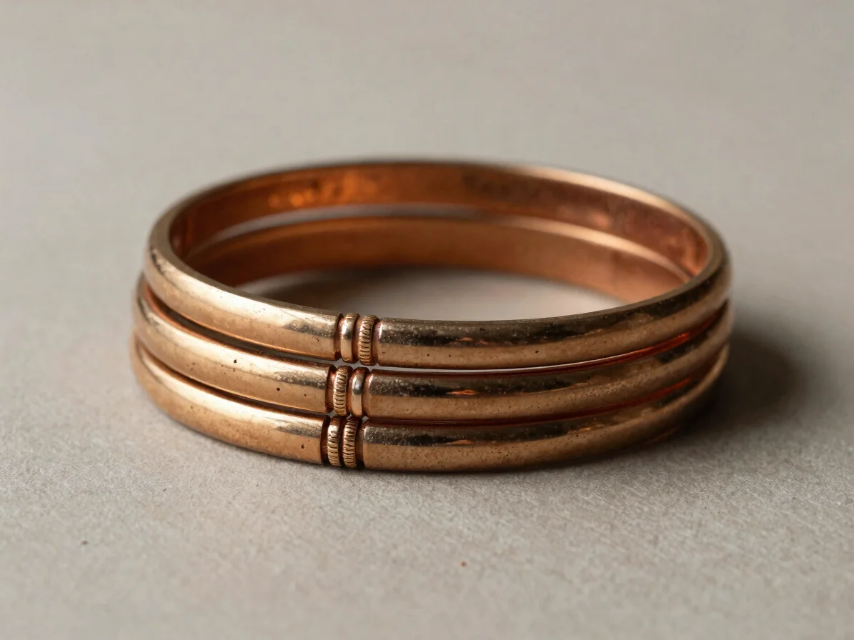 Editorial jewelry photography of several stacked artificial bangles on a neutral surface, soft directional studio light,