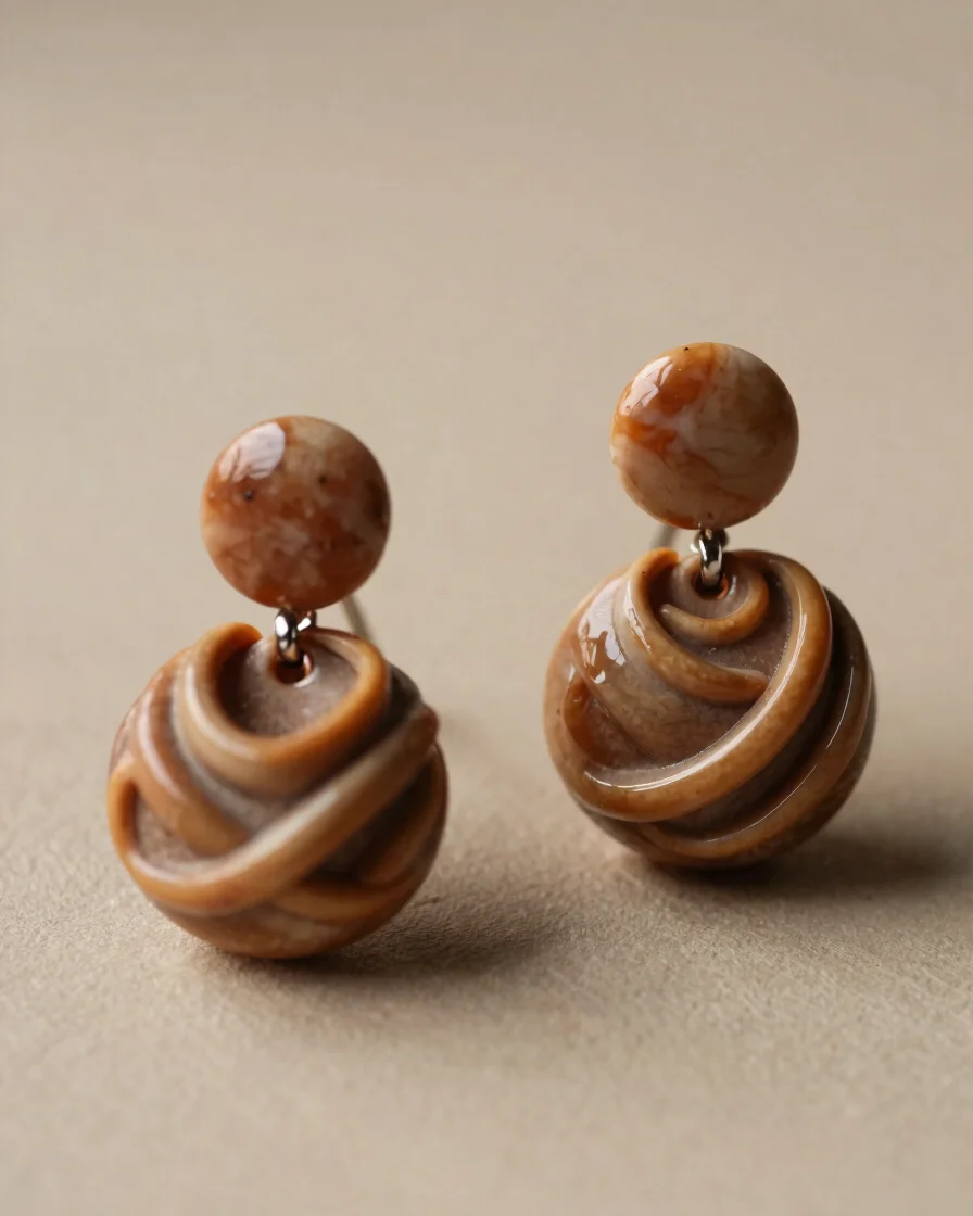 Studio macro crop of sculpted artificial fashion earrings on a wa