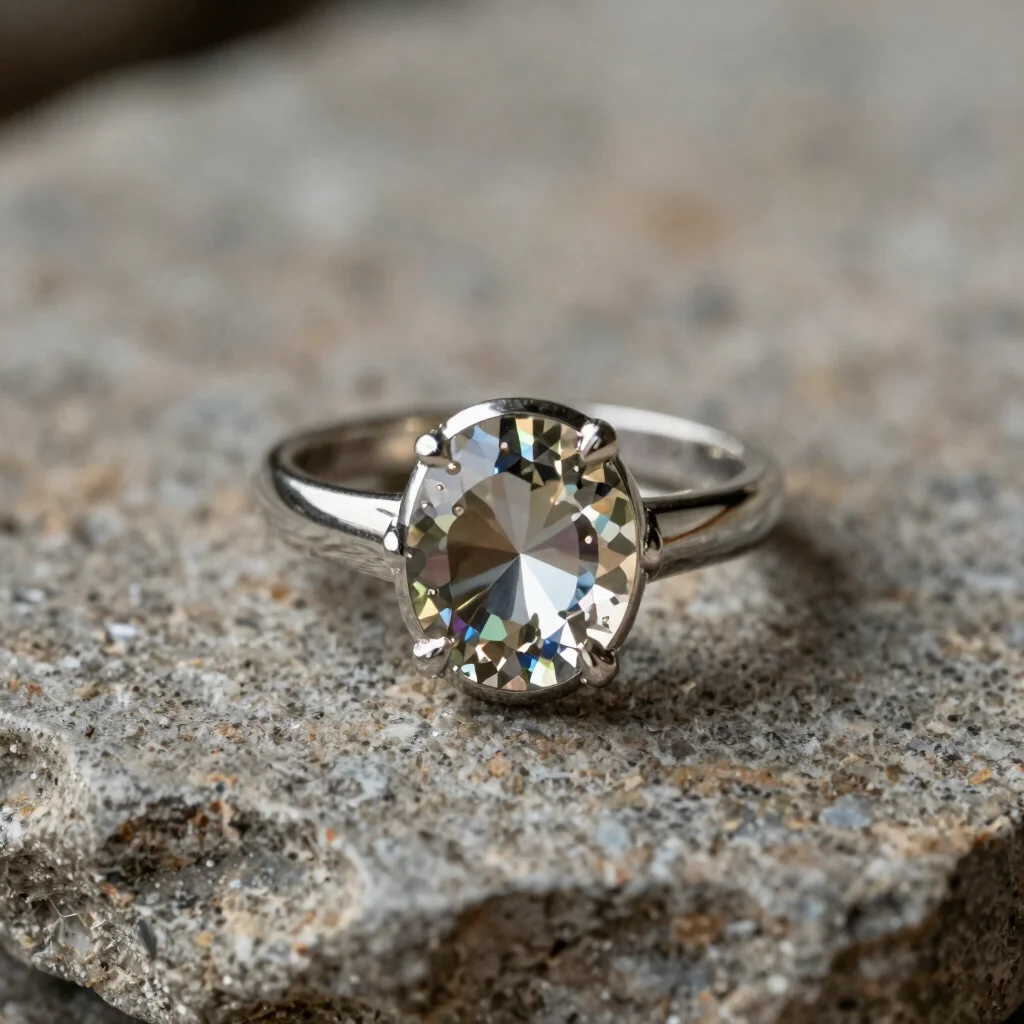 Macro photograph of an artificial stone setting in a ring, crisp detail, soft directional light, neutral background