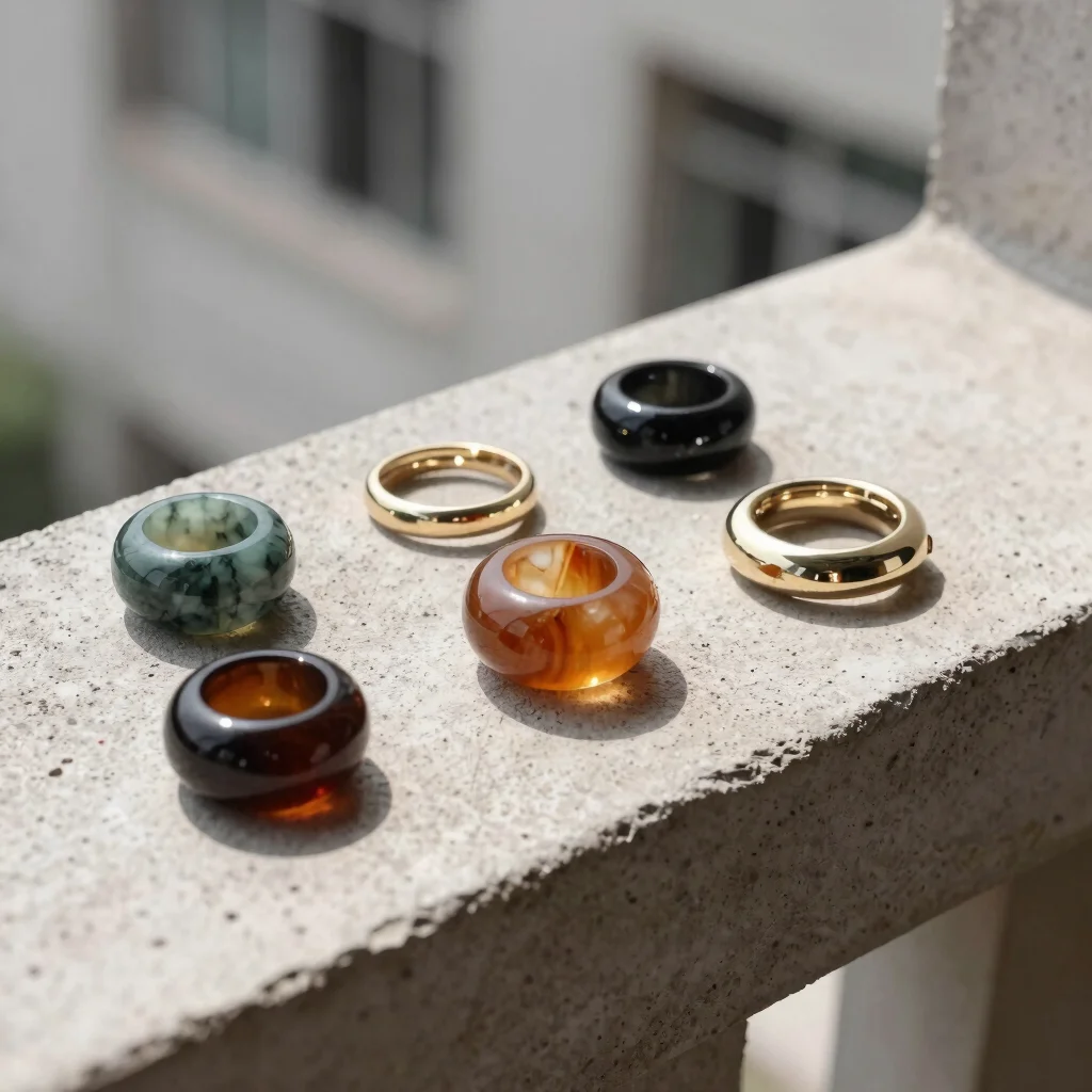 Still-life of several artificial jewelry pieces on a concrete balcony ledge, bright daylight, uncluttered composition sh