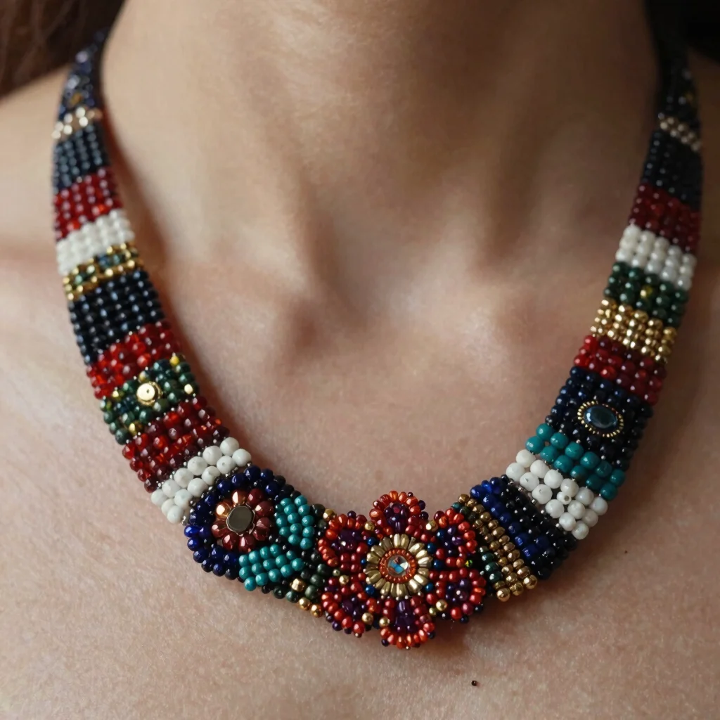 Macro photograph of hand-finished beadwork on an artificial necklace, rich balanced tones, close crop
