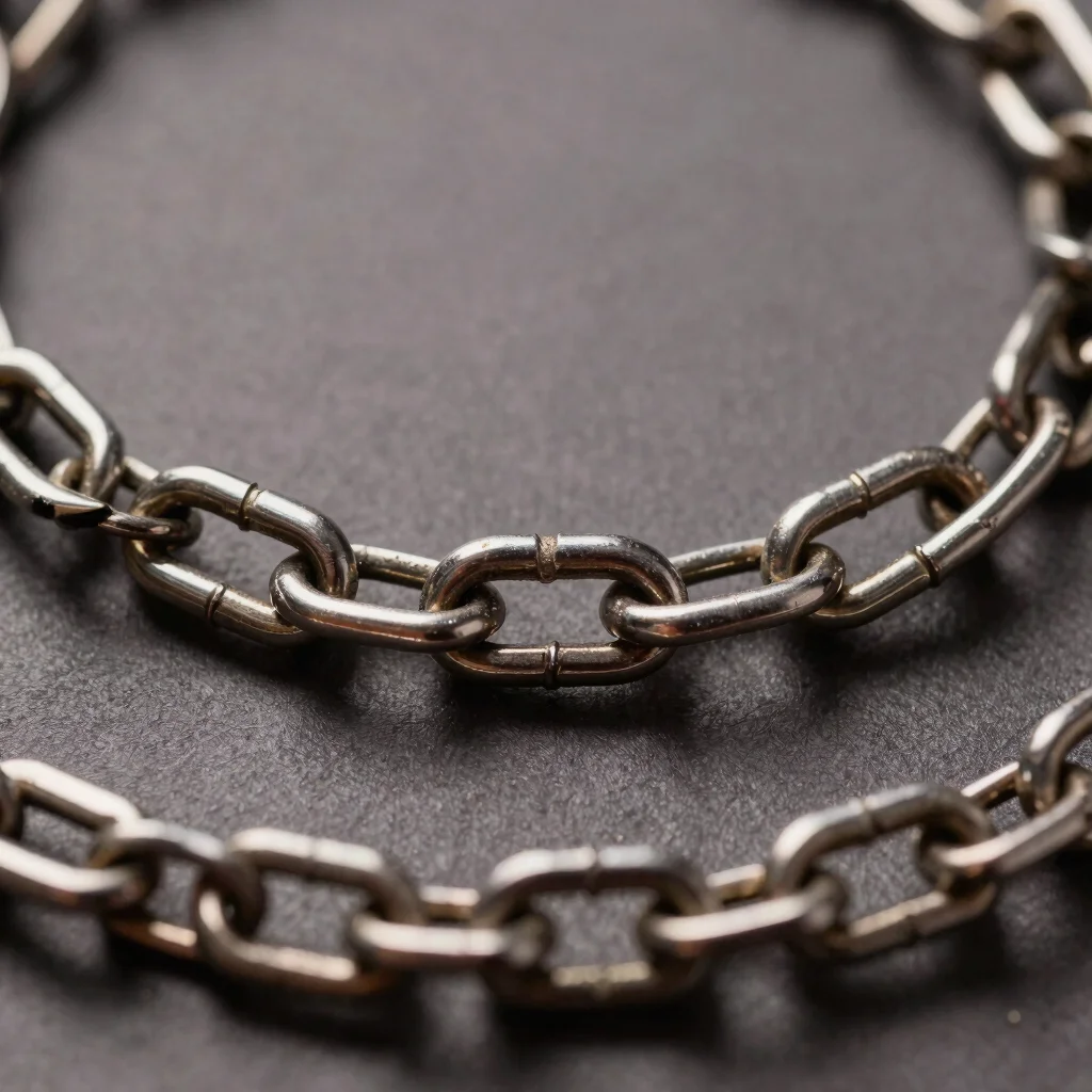 Macro photograph of a chain link profile on an artificial necklace, crisp detail, editorial product framing