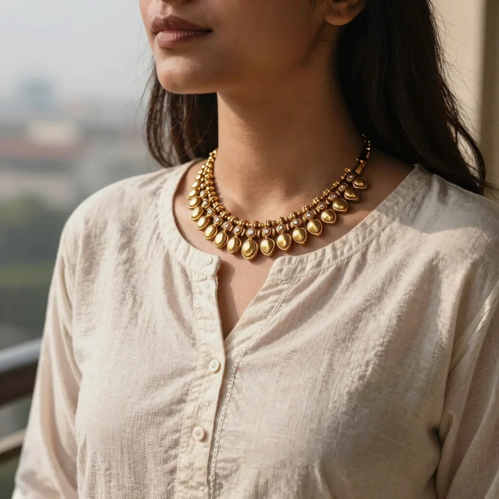 Close-up of a gold-tone artificial necklace worn by a young woman in a simple cotton kurta on a Karachi balcony, soft da