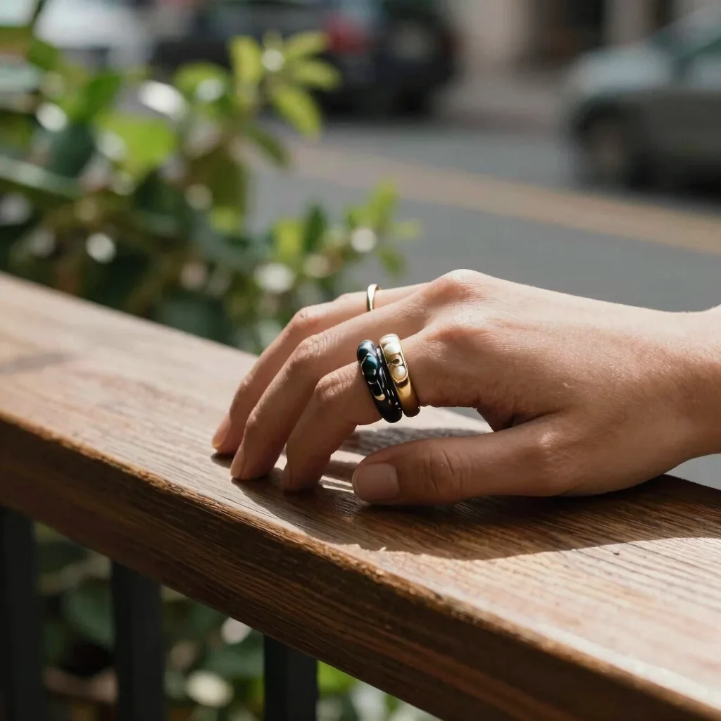 Hand wearing a stacked set of artificial rings resting on a sunlit wooden ledge with street-side greenery behind, contro
