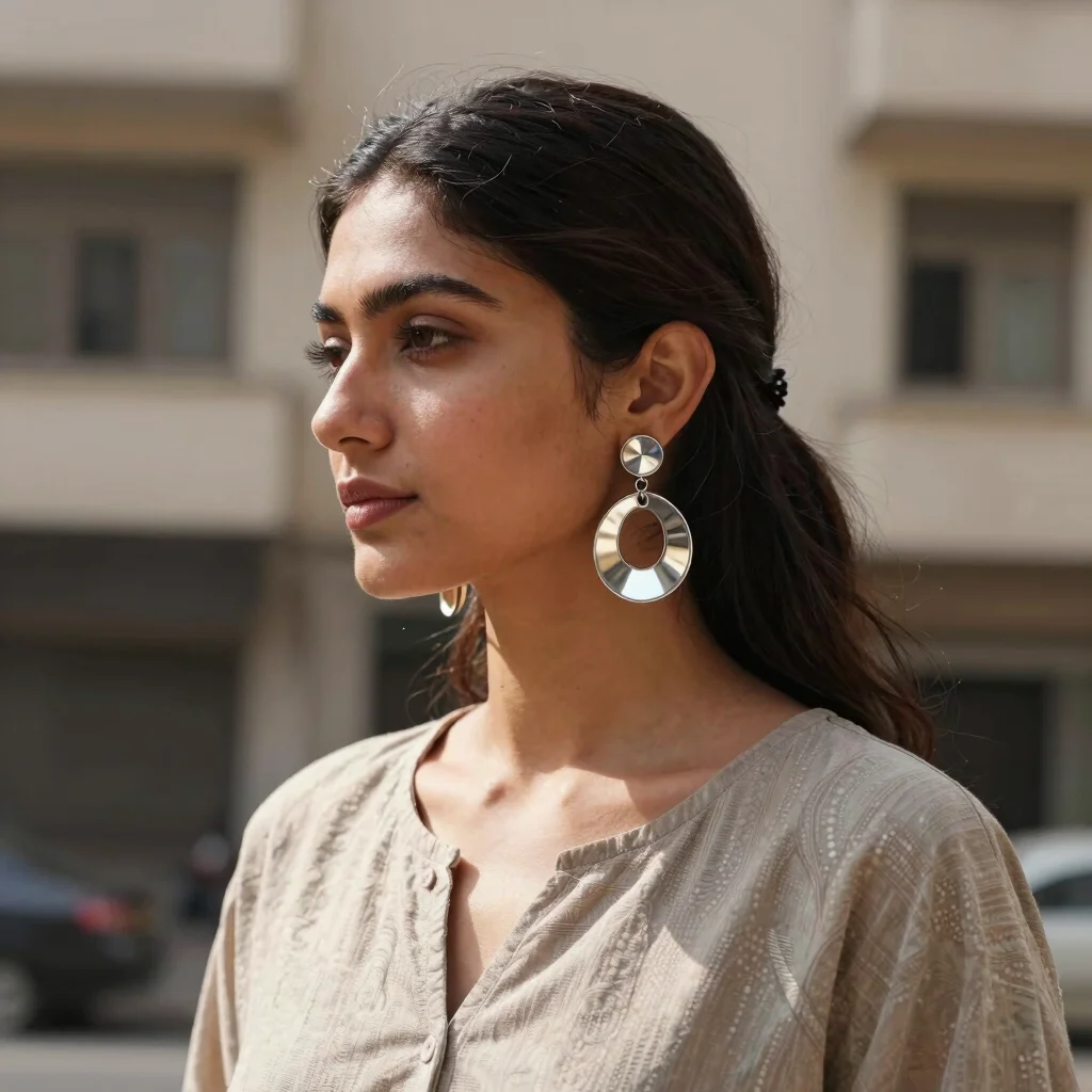 Pair of statement earrings worn by a woman in everyday contemporary clothing, bright local daylight, urban Karachi build