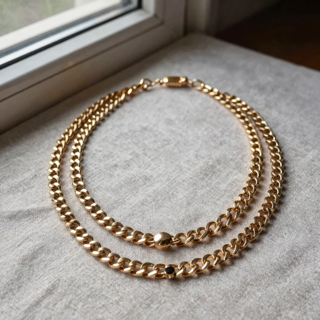 Layered artificial chain necklaces laid on a linen cloth beside a window, soft directional studio-style light, controlle
